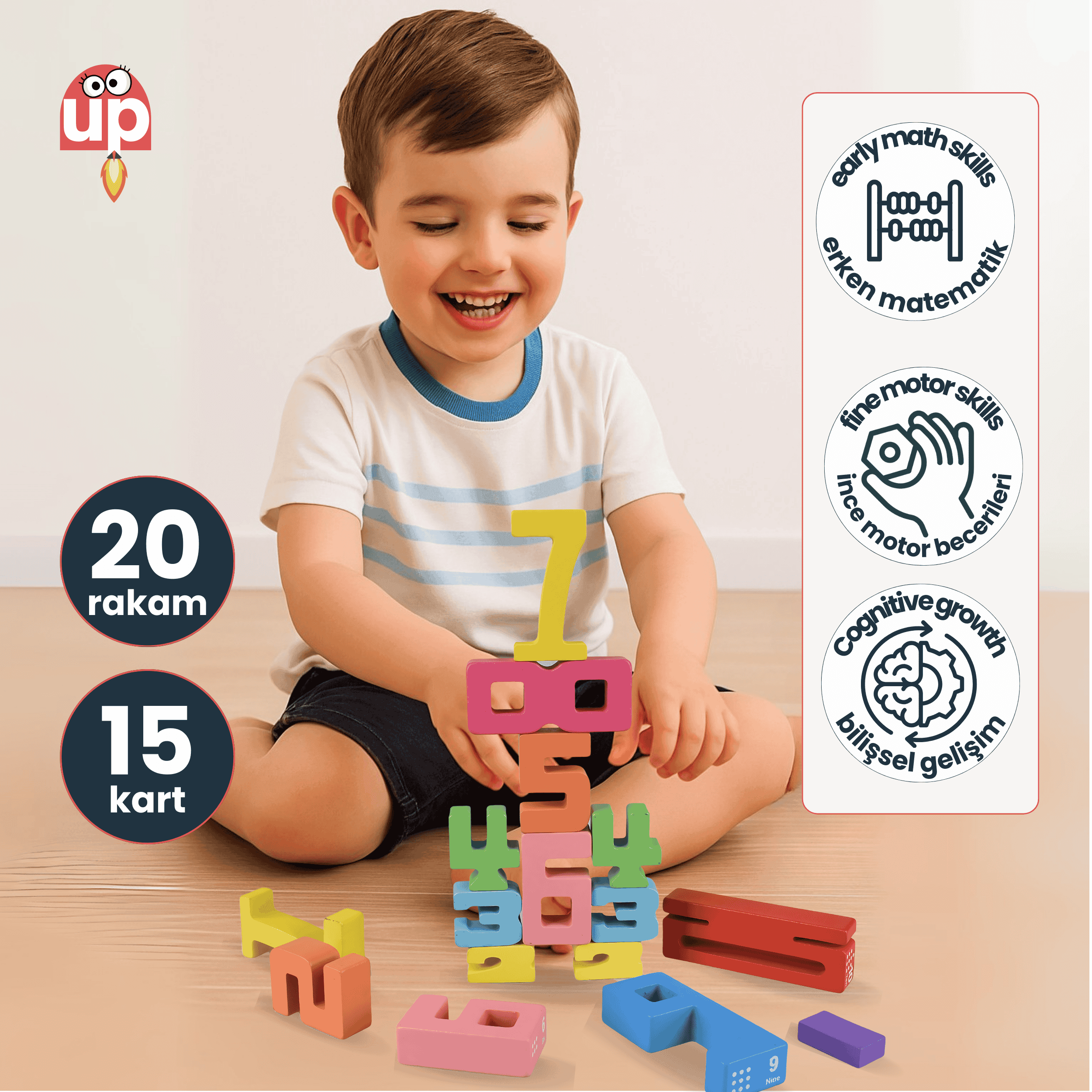 TinyUp Montessori Ahşap Sayı Blokları – Okul Öncesi Eğitici Matematik Oyuncağı, STEM, Motor ve Zeka Gelişim