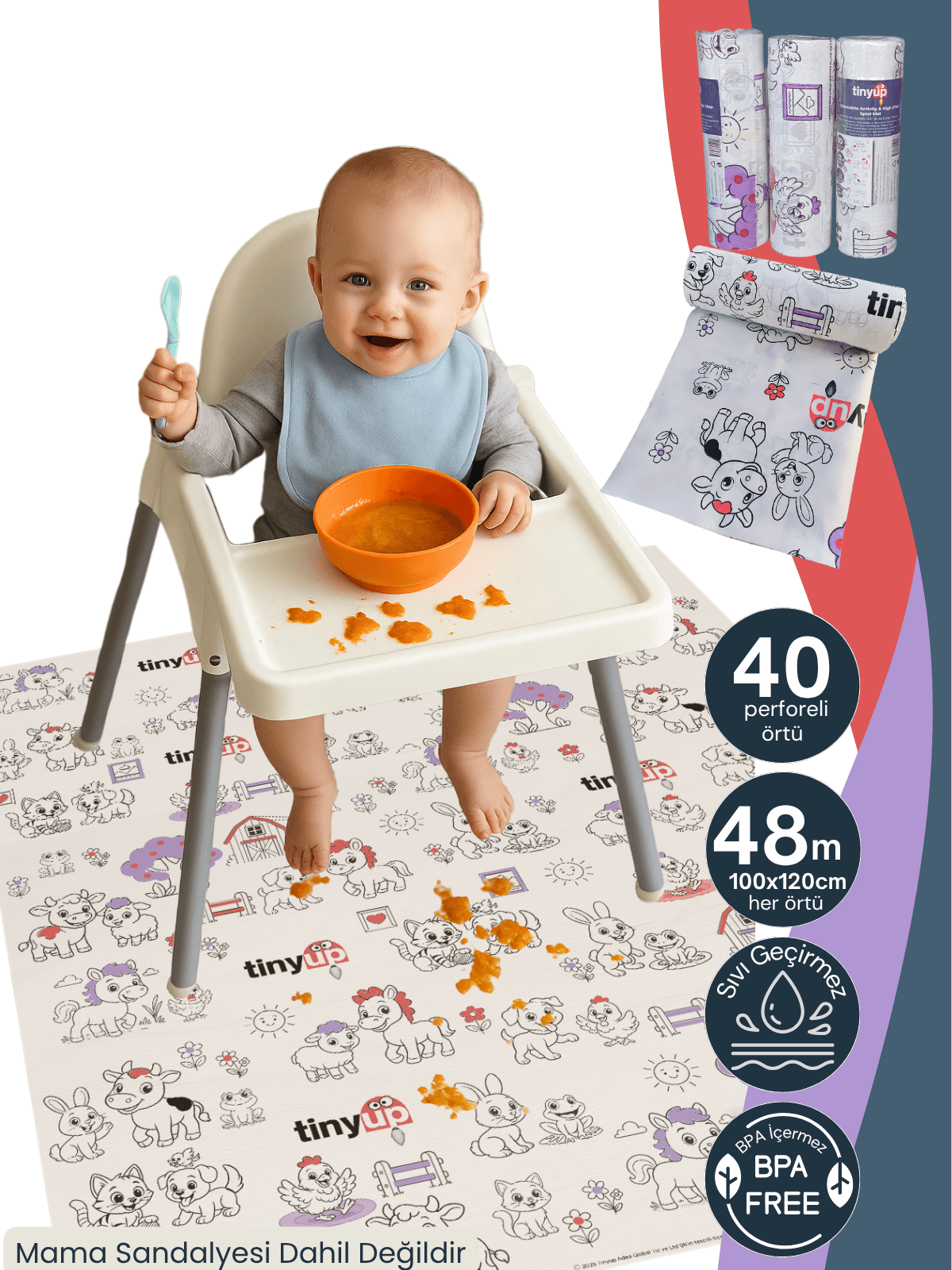 Tek Kullanımlık Mama Sandalyesi Altı & Aktivite Örtüsü – 100x120 cm - Sıçrama Koruyucu Matı - 4lü Rulo Set