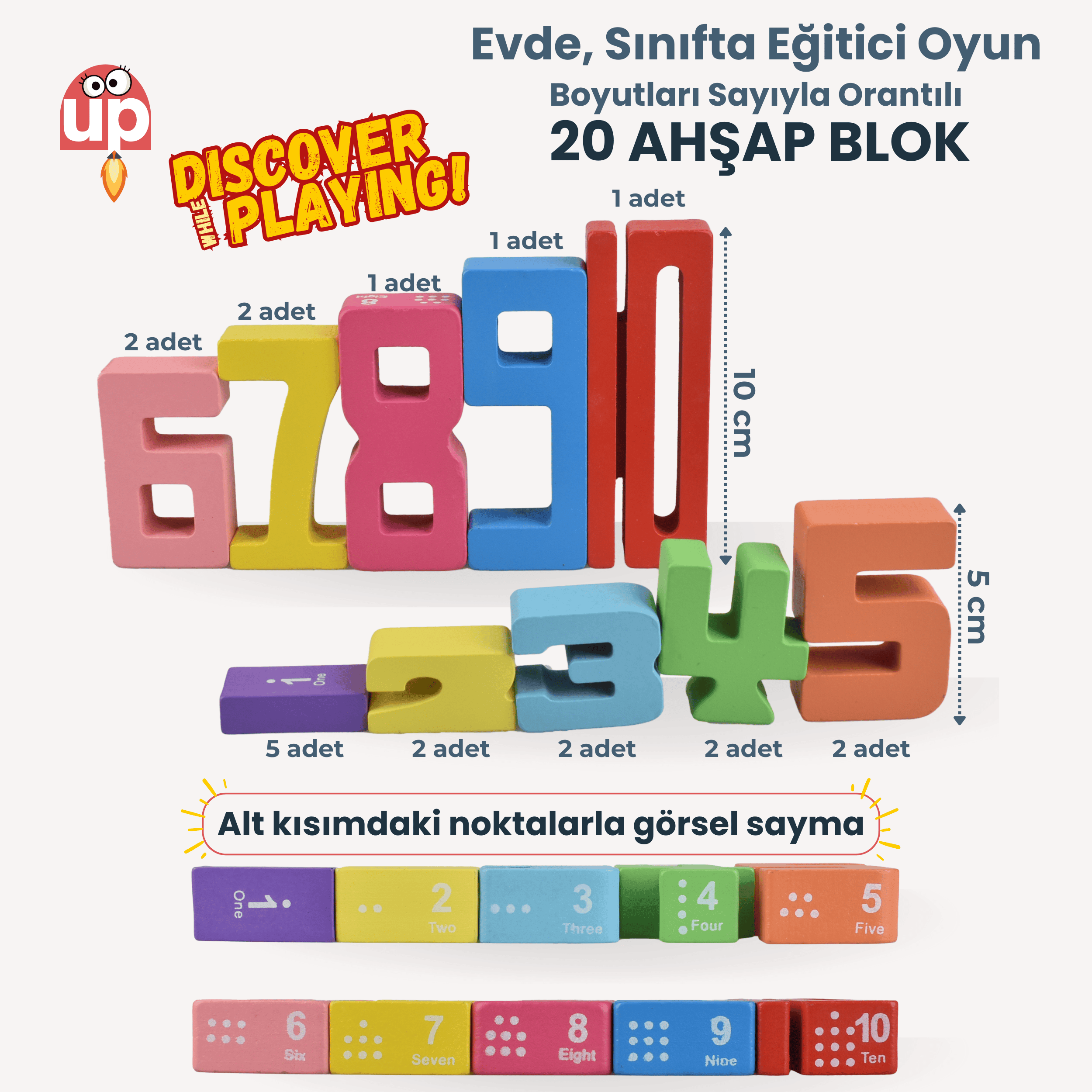 TinyUp Montessori Ahşap Sayı Blokları – Okul Öncesi Eğitici Matematik Oyuncağı, STEM, Motor ve Zeka Gelişim