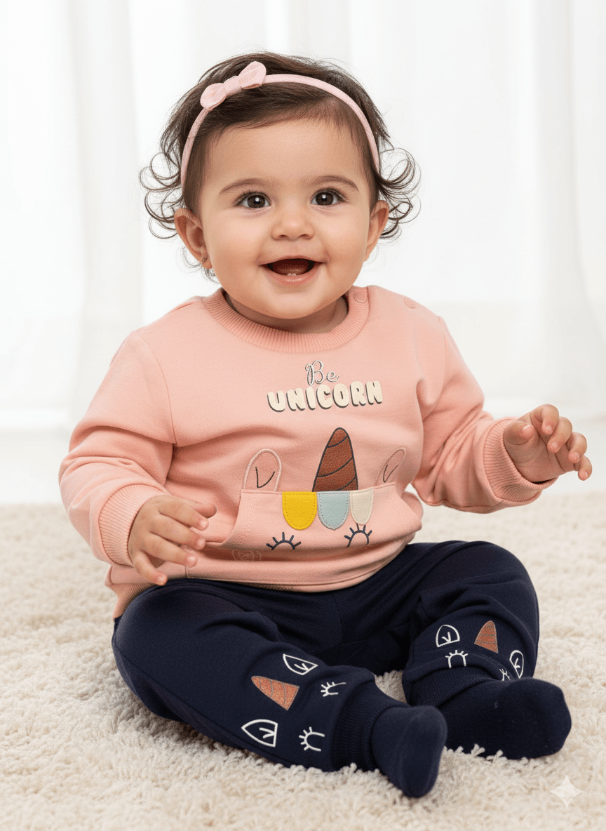 Kız Bebek Unicorn Baskılı İkili Takım - somon