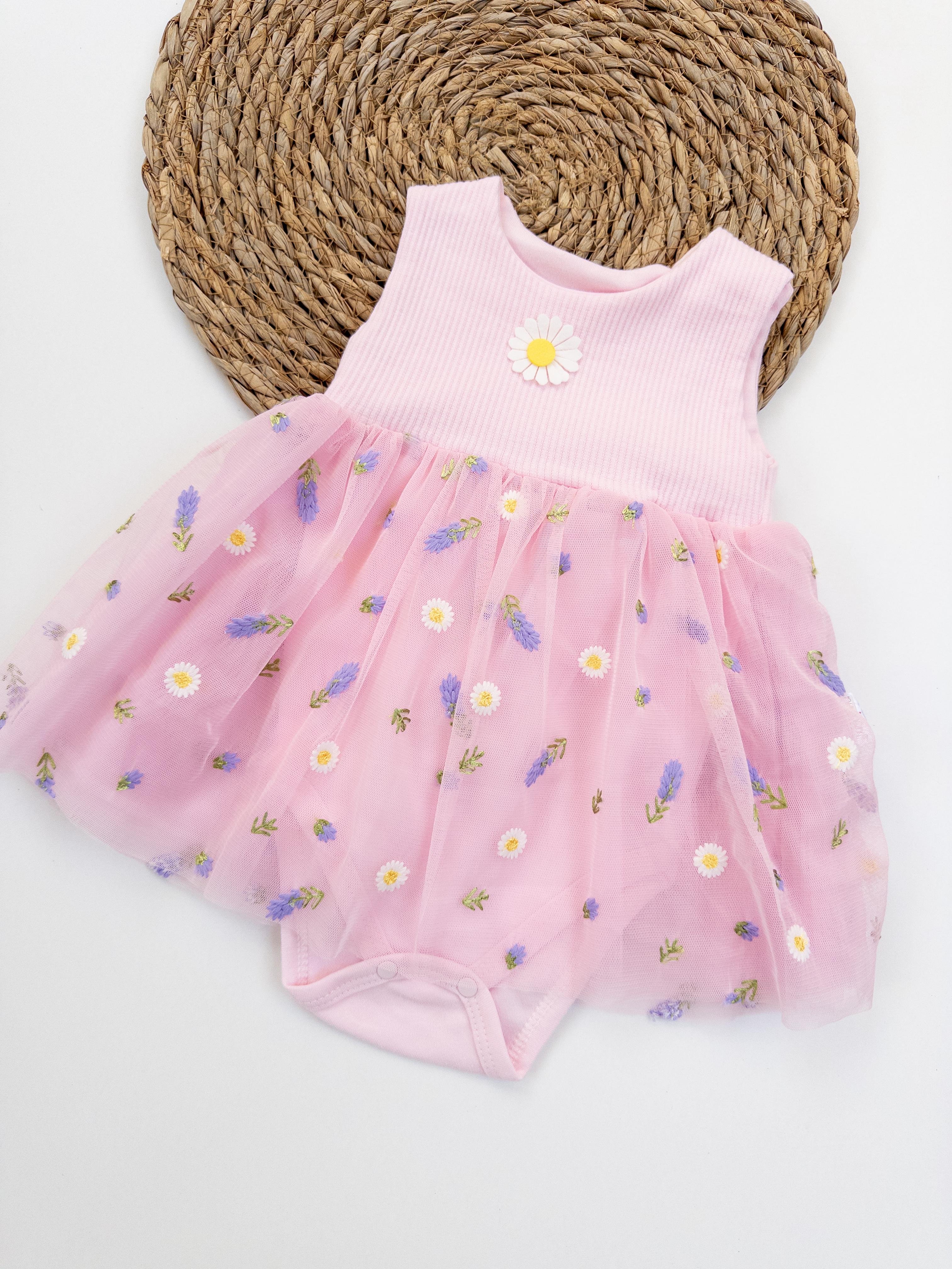 Kız Bebek Çıtçıtlı Papatya Nakışlı Elbise - Pembe