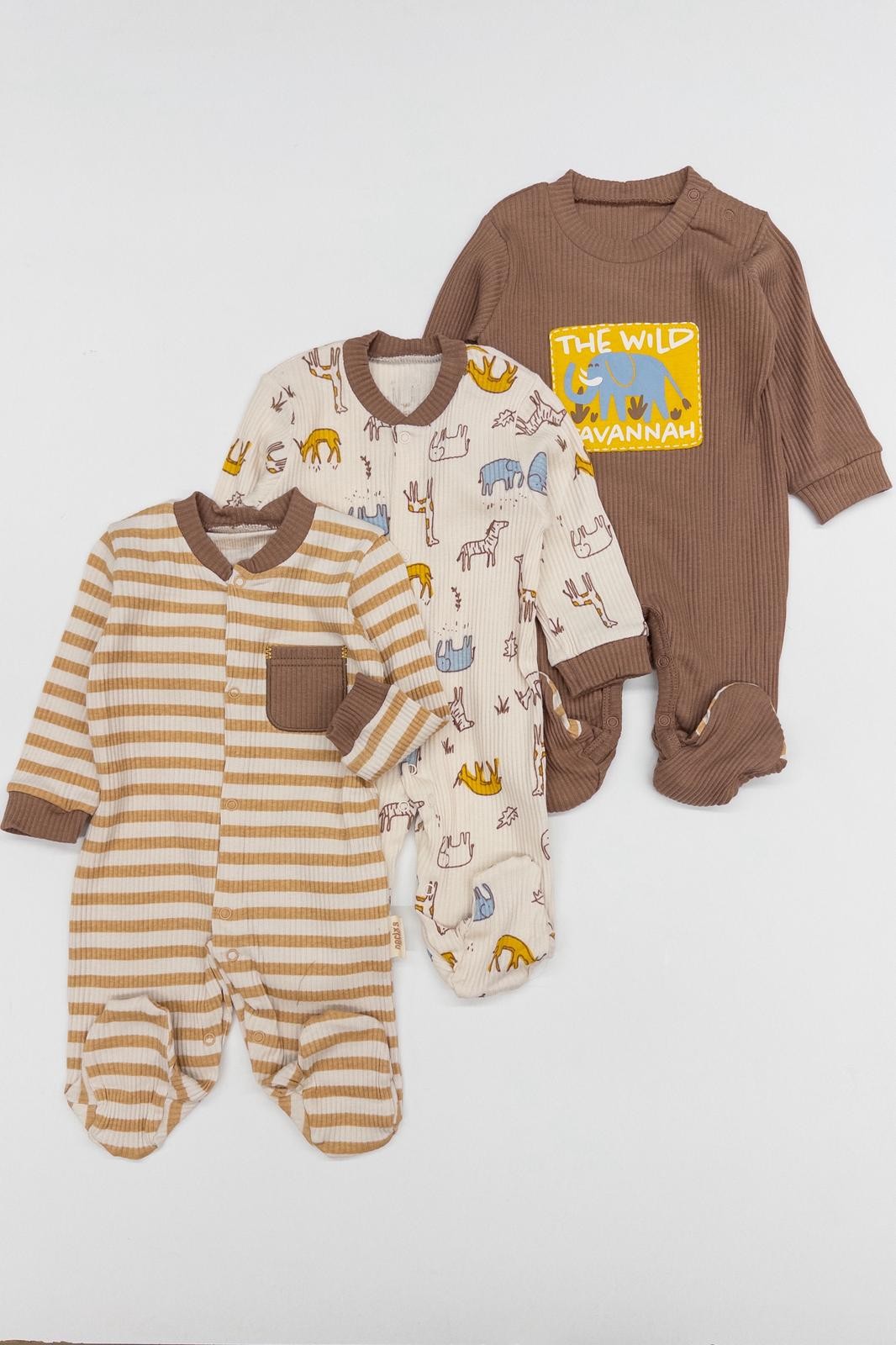 Erkek Bebek Fitilli Kumaş Çıtçıtlı Üçlü Tulum Set