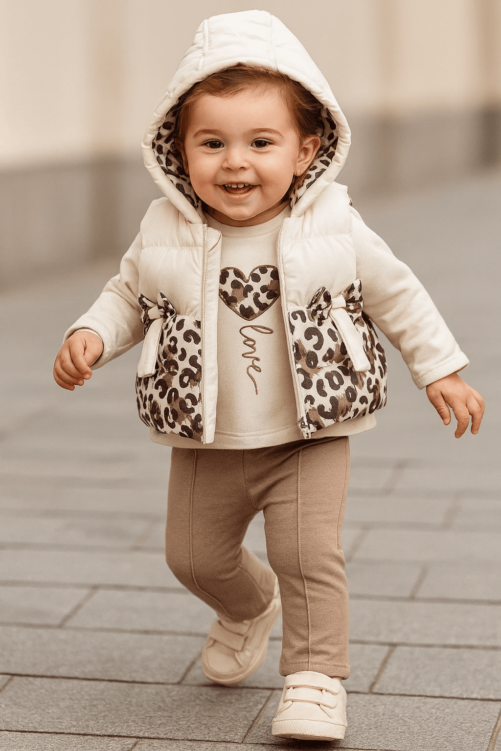 Kız Bebek Leopar Desenli Yelekli Üçlü Takım