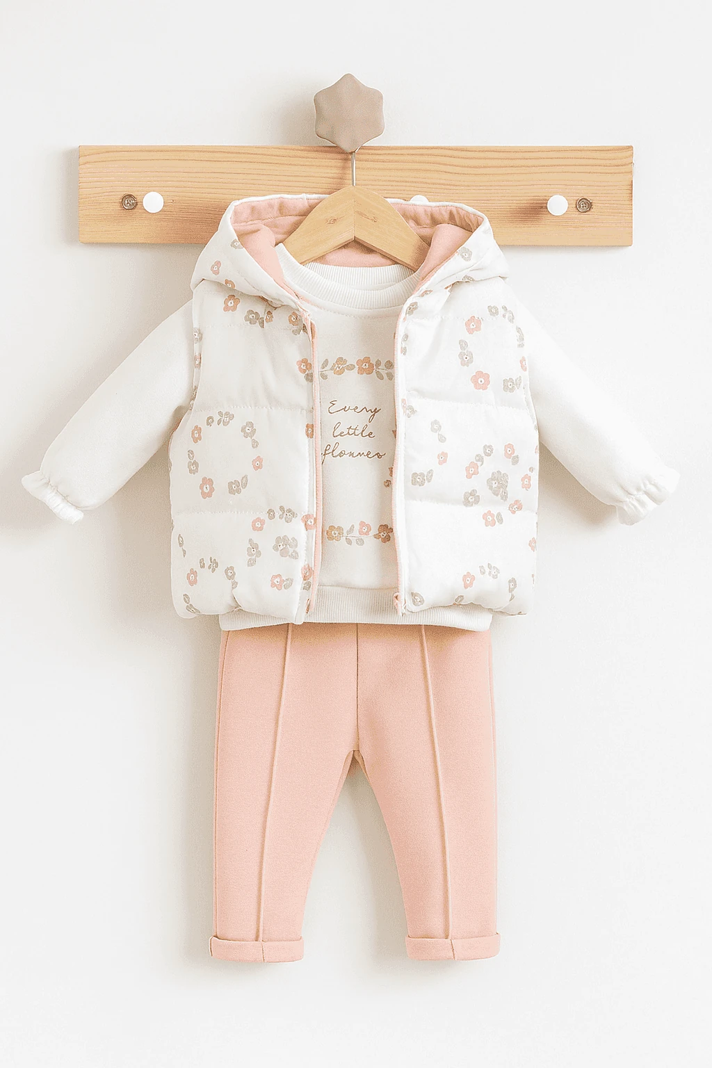 Kız Bebek Çiçekli Şişme Yelekli Üçlü Takım