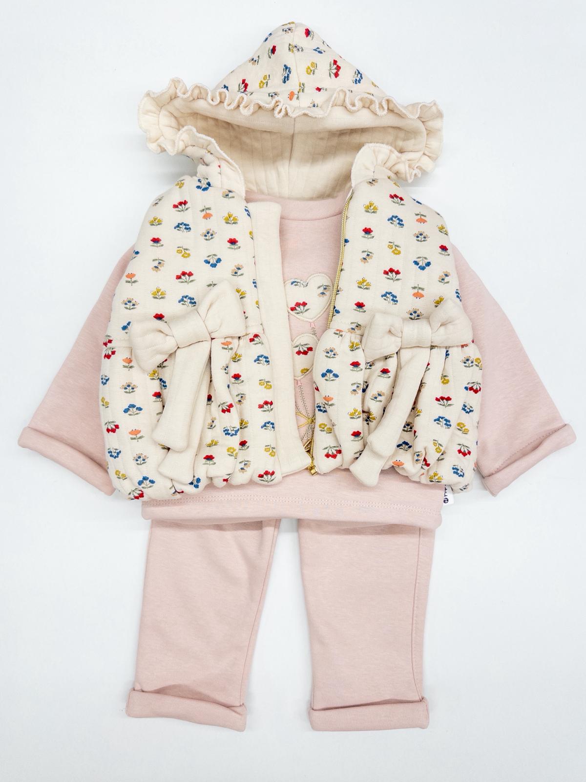 Kız Bebek Çıtır Çiçek Yelekli Şardonlu Üçlü Takım