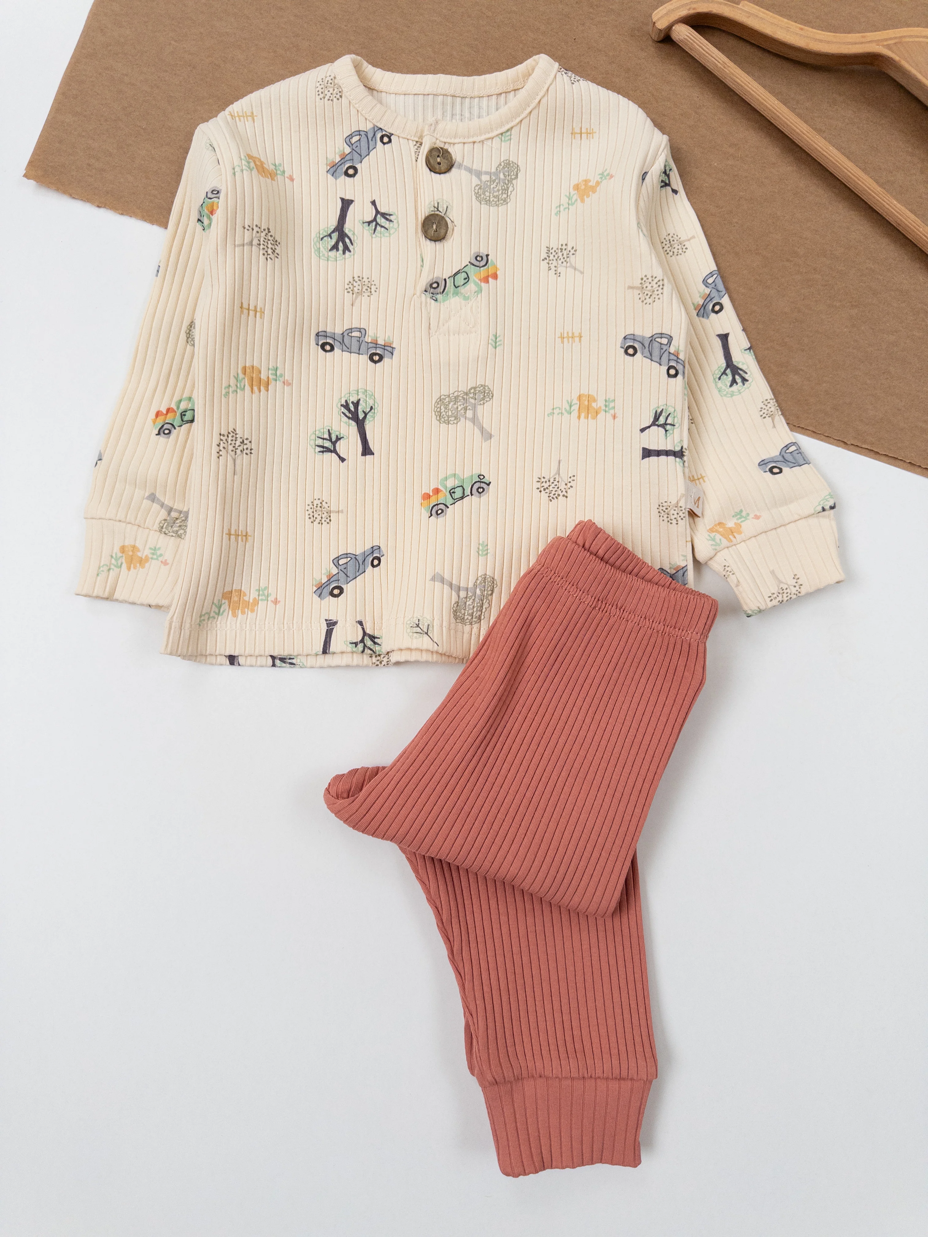 Erkek Bebek Arabalı Fitilli Esnek İkili Takım