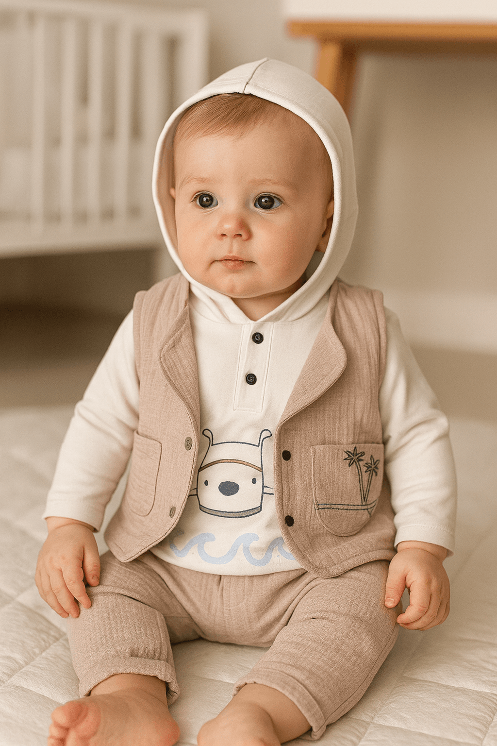 Erkek Bebek Müslin Yelek Pantolonlu Üçlü Takım