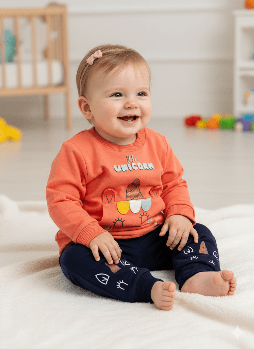 Kız Bebek Unicorn Baskılı İkili Takım - nar çiçeği