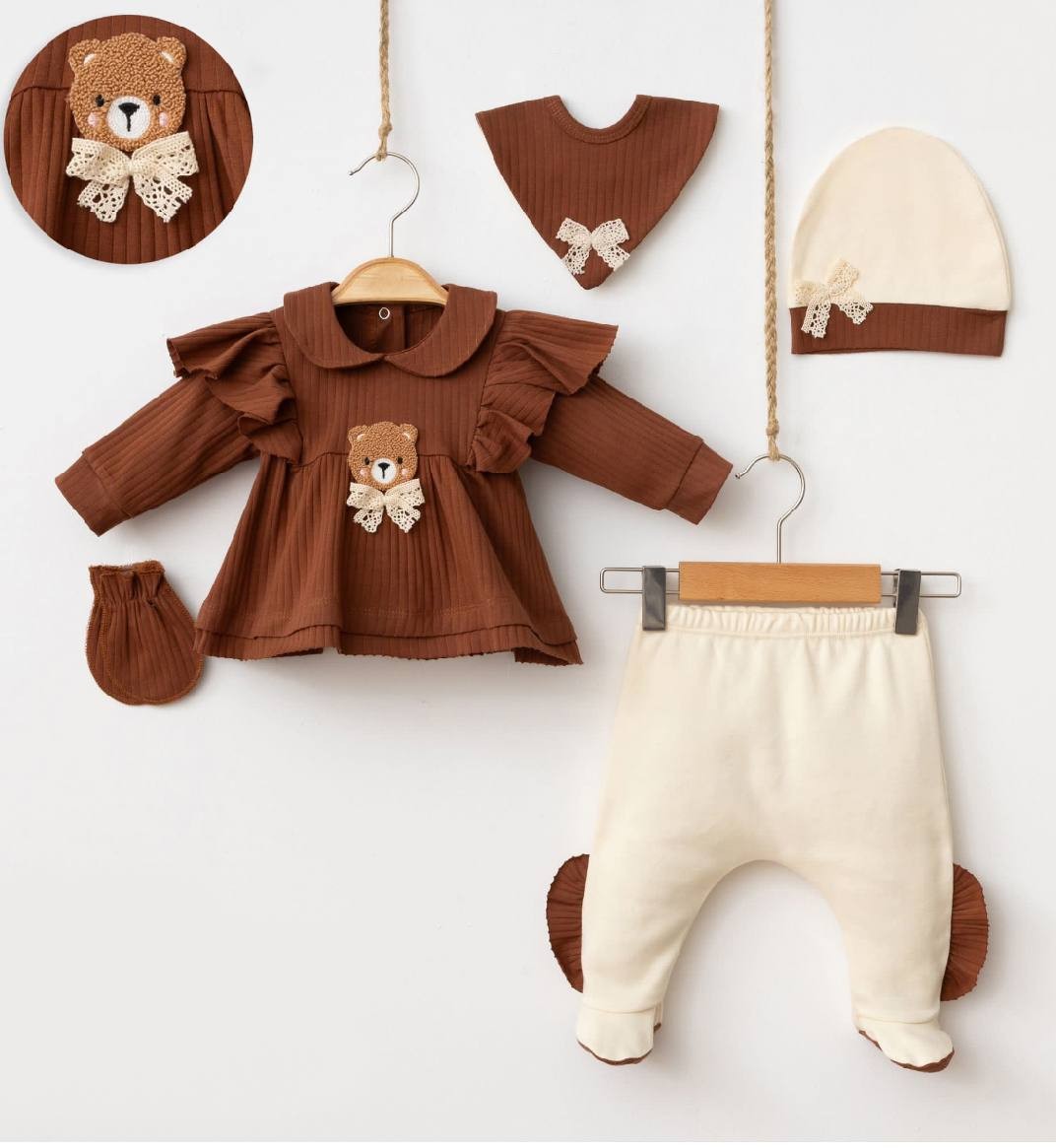 Kız Bebek Fitilli Ayıcıklı 5Li Hastane Çıkışı Set - kahverengi