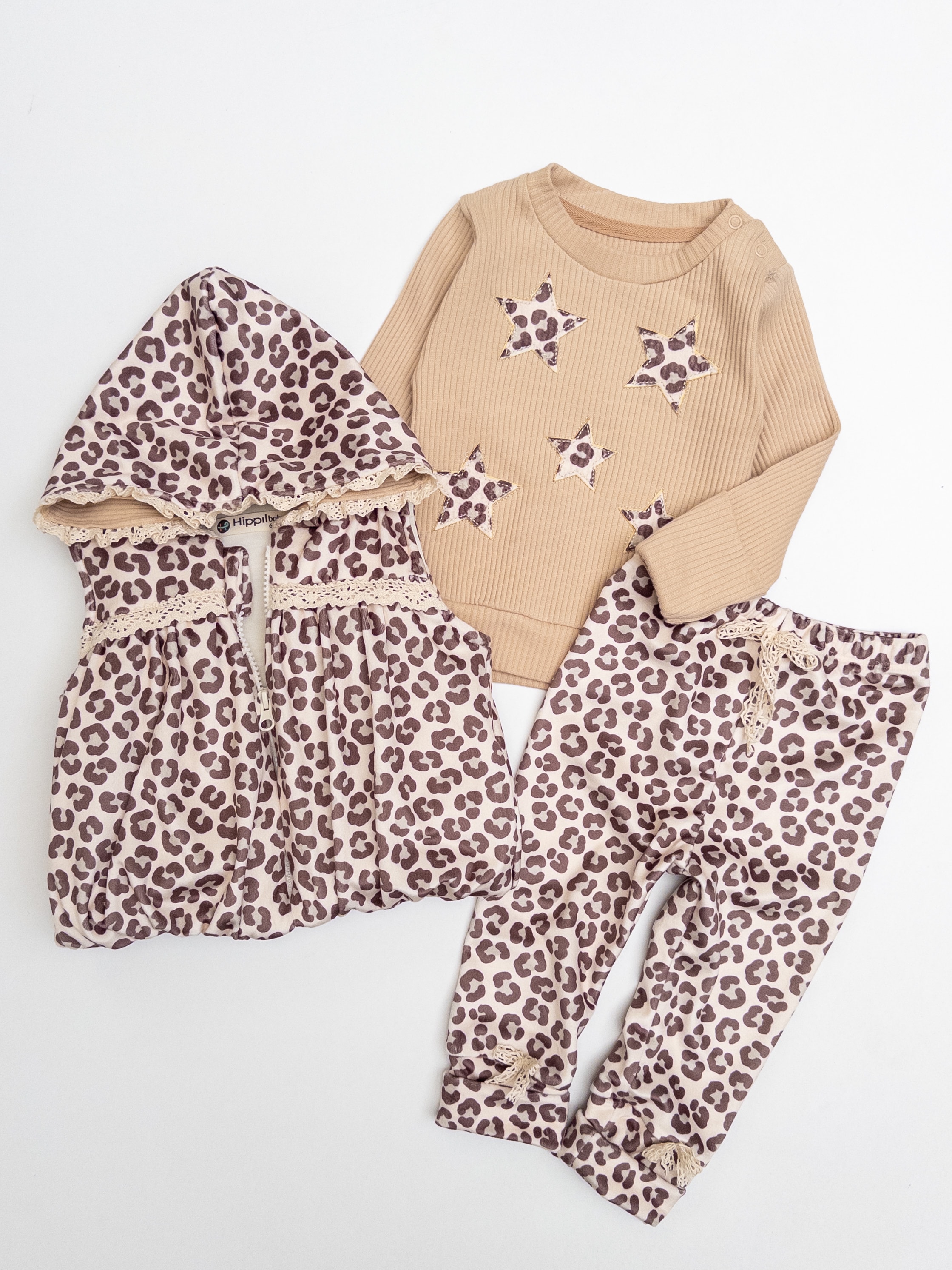 Kız Bebek Leoparlı kadife Yelekli Rahat Üçlü Takım