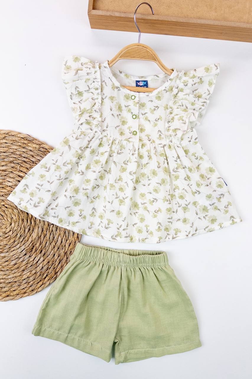 Kız Bebek Müslin Kumaş Çiçekli Şortlu İkiliTakım - yeşil