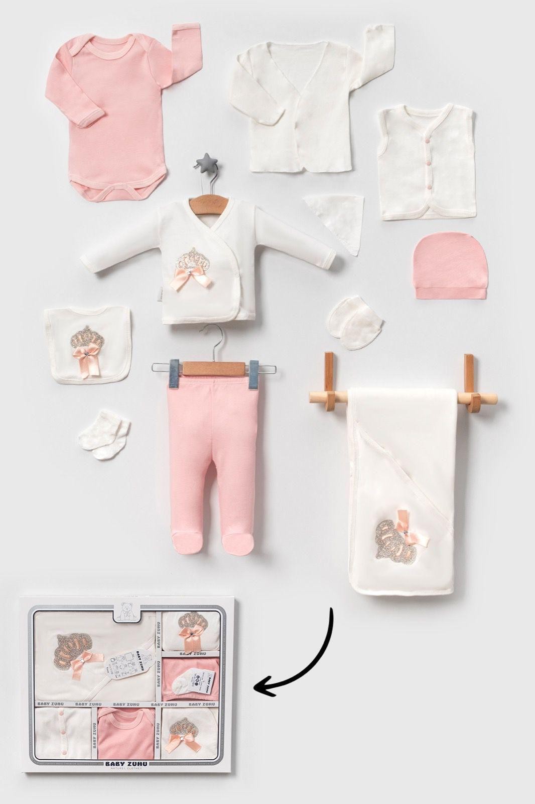 Kız Bebek Taşlı Taç İşlemeli 10Lu Hastane Çıkışı Set