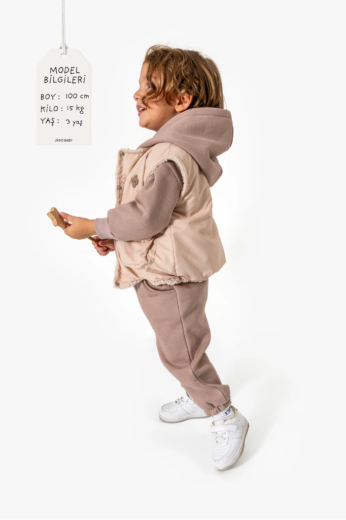 Erkek Bebek Kapüşonlu Yelekli 3’lü Takım