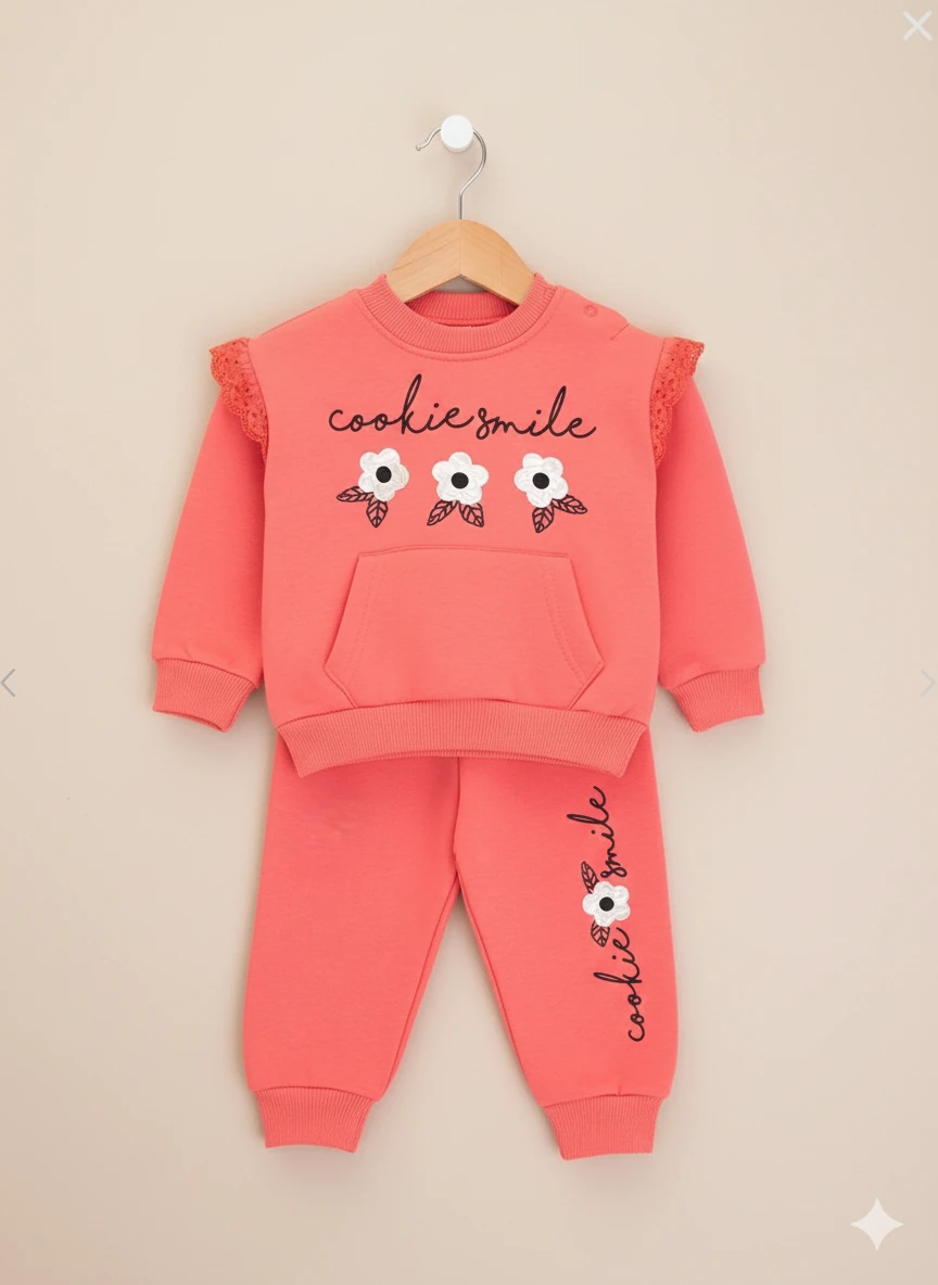 Kız Bebek Cookie Smile Şardonlu İkili Takım - nar çiçeği