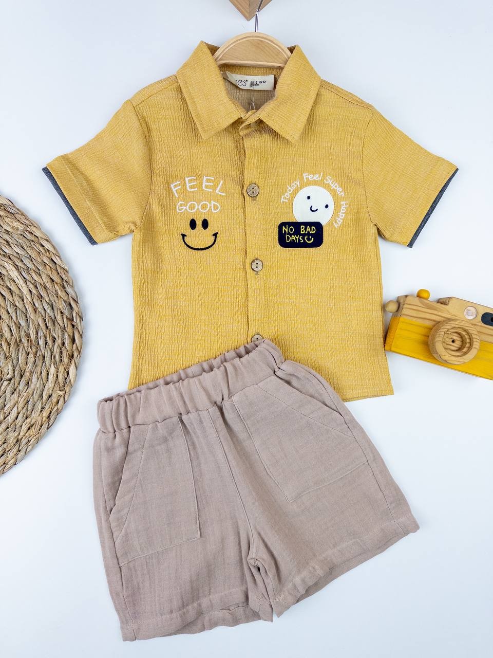 Erkek Bebek Sarı Renk Gömlek Şortlu İkili Takım