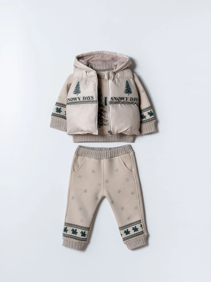 Erkek Bebek Snowy Kapüşonlu Yelekli Üçlü Takım - bej