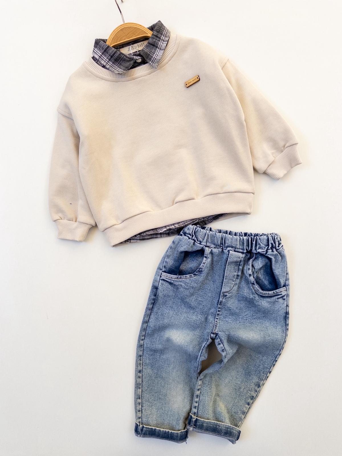  Erkek Bebek Gömlek Sweatshirt ve Kot Pantolon 3'lü Takım  - Gri