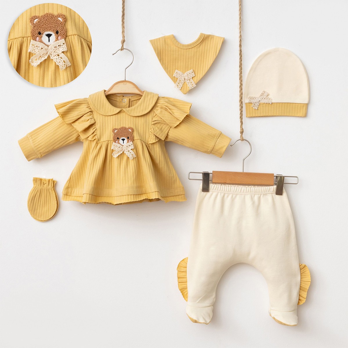 Kız Bebek Fitilli Ayıcıklı 5Li Hastane Çıkışı Set - hardal