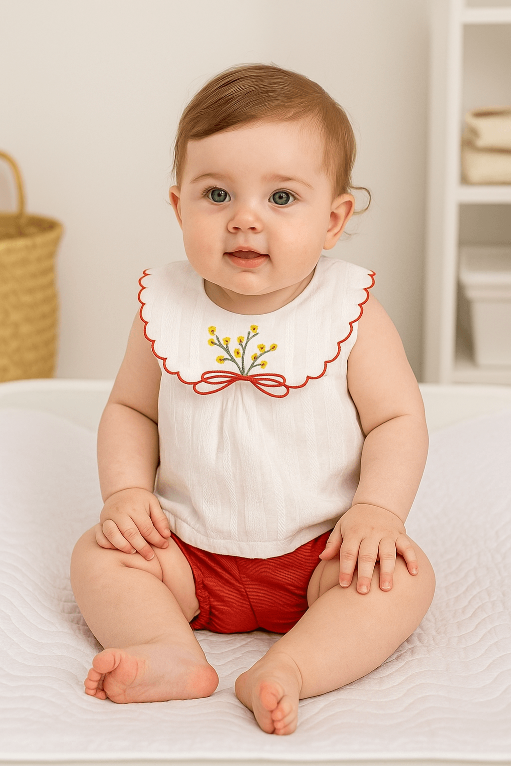 Kız Bebek Nakışlı Yakalı Şortlu İkili Takım - kırmızı