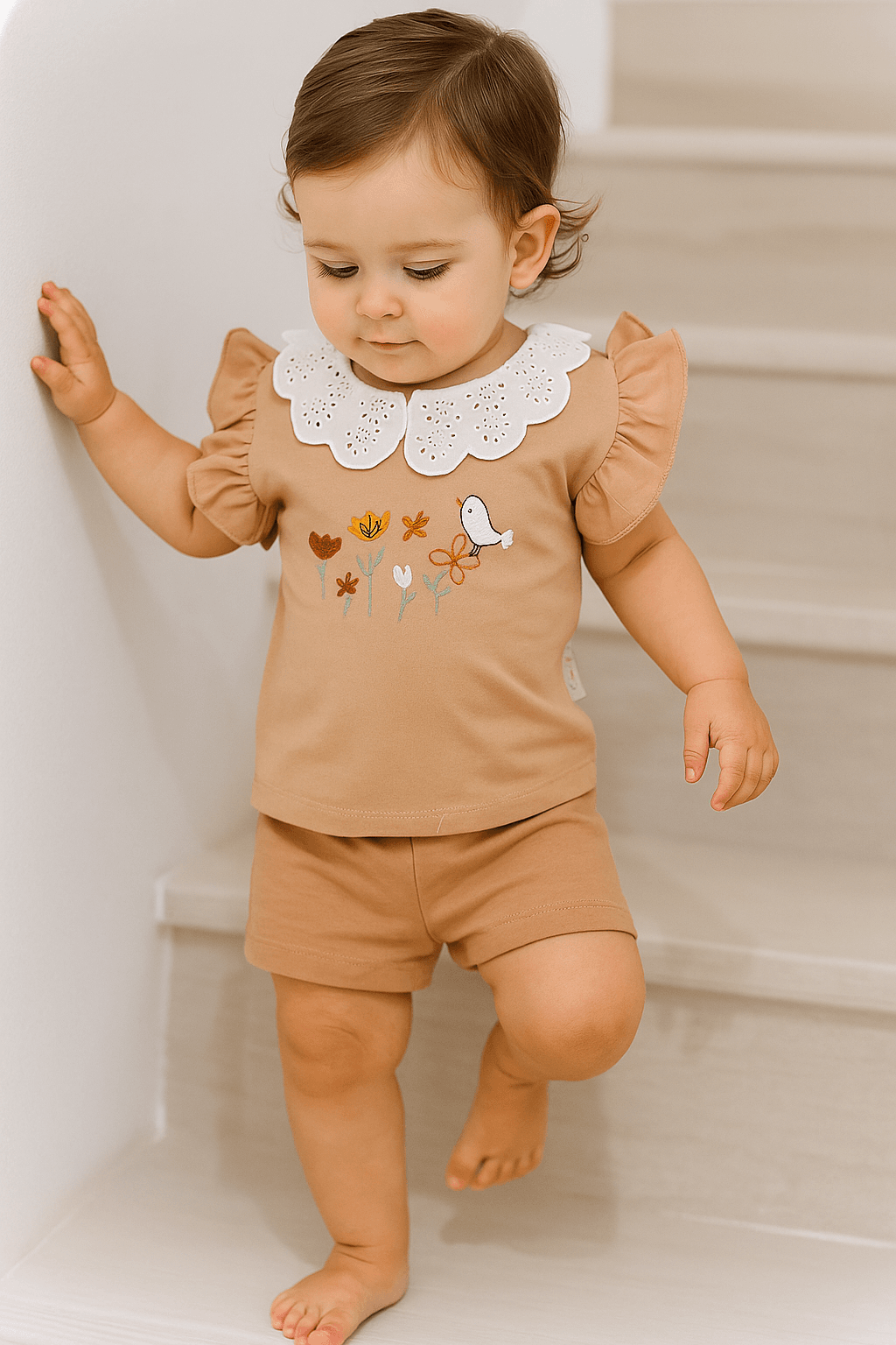Kız Bebek İşlemeli Şortlu İkili Takım - açık kahve
