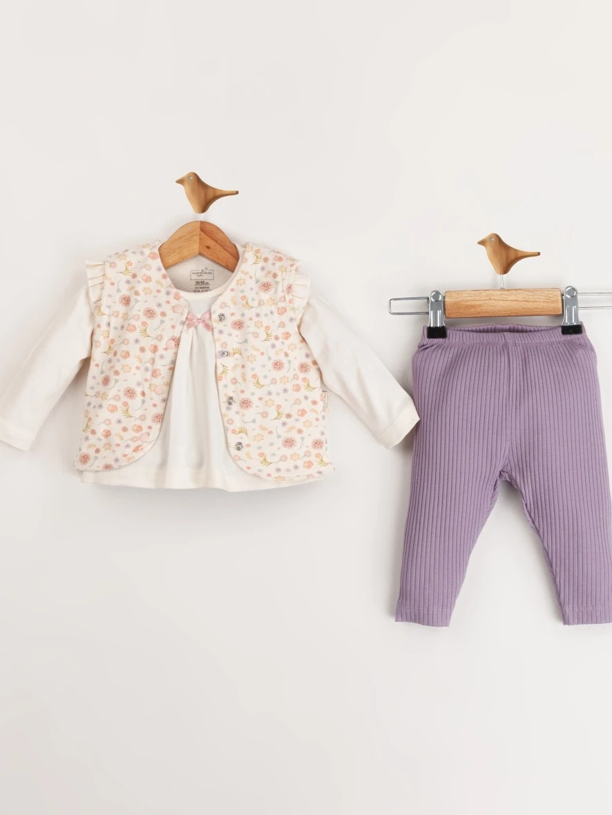 Kız Bebek Çıtır Çiçekli Yelekli Üçlü Takım - lila
