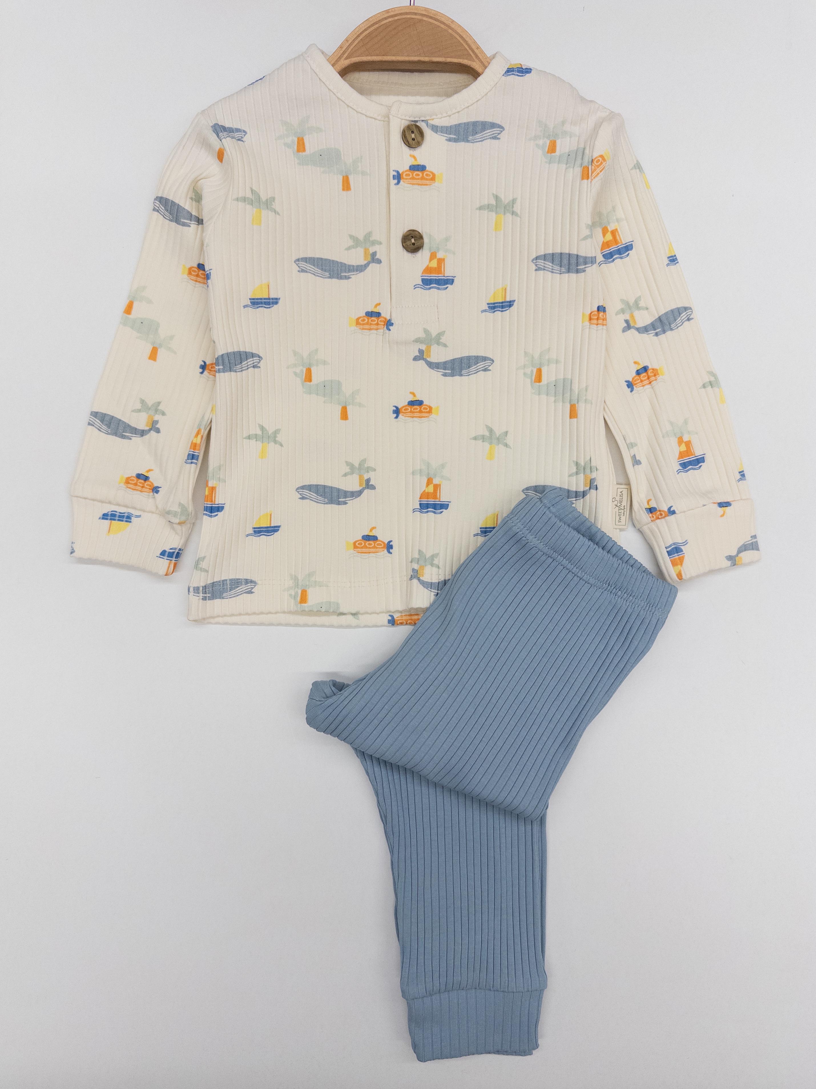 Erkek Bebek Balina Desenli Fitilli İkili Takım