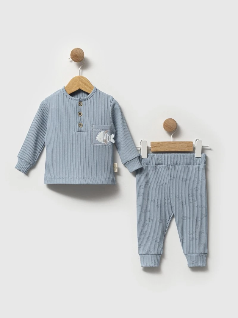 Erkek Bebek Fitilli Esnek Balık Desenli İkili Takım