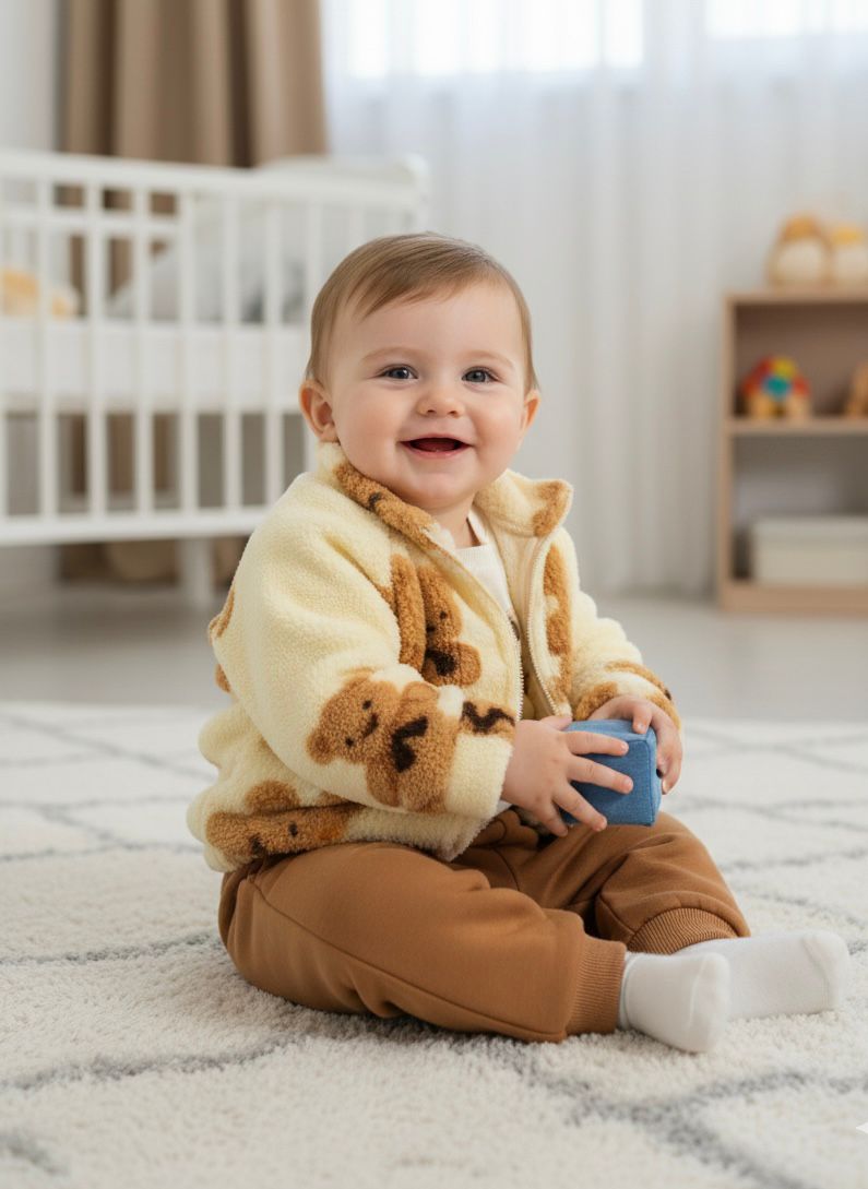 Erkek Bebek Peluş Ceketli Üçlü Takım
