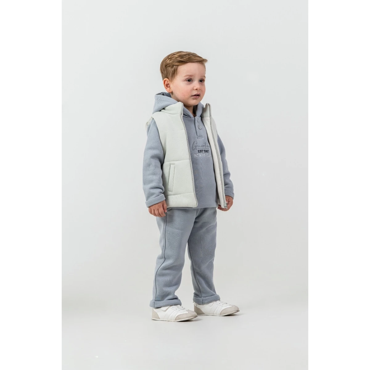 Erkek Çocuk Şardonlu Yelekli Üçlü Takım - Gri