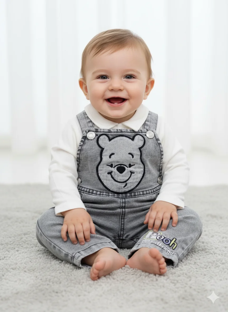 Erkek Bebek Tişörtlü Kot Pooh Salopet Takım