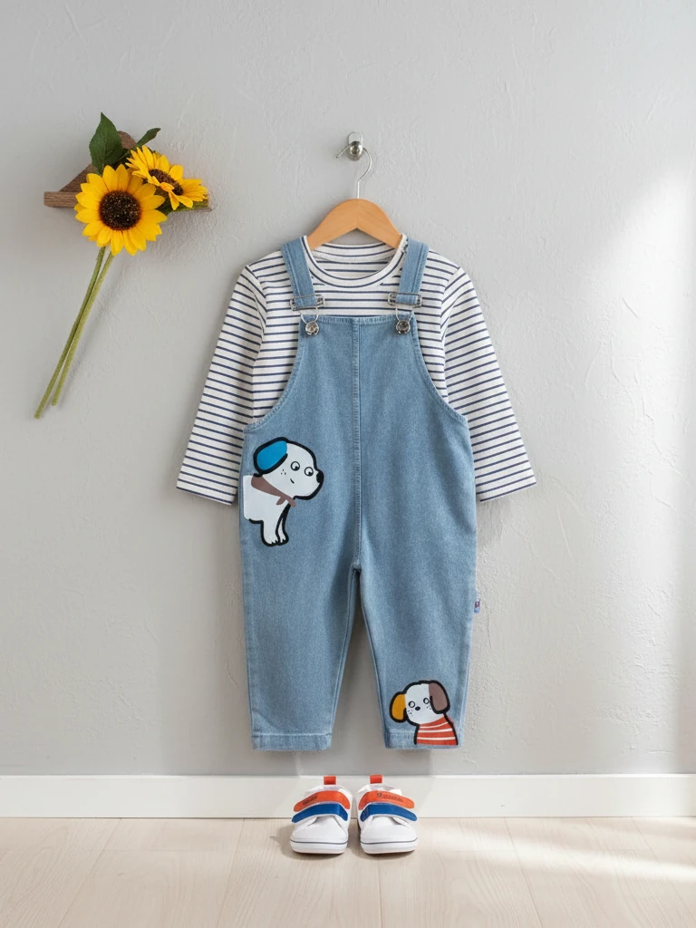 Erkek Bebek Sevimli Köpek Kot Salopet İkili Takım
