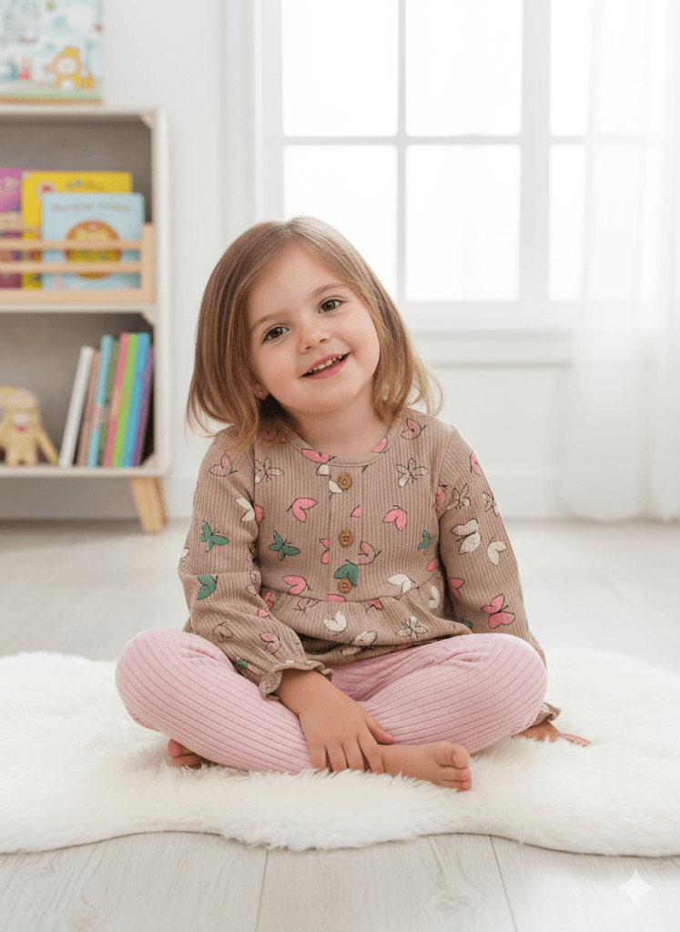 Kız Bebek Düğmeli Taytlı Mevsimlik İkili Takım - sütlü kahve