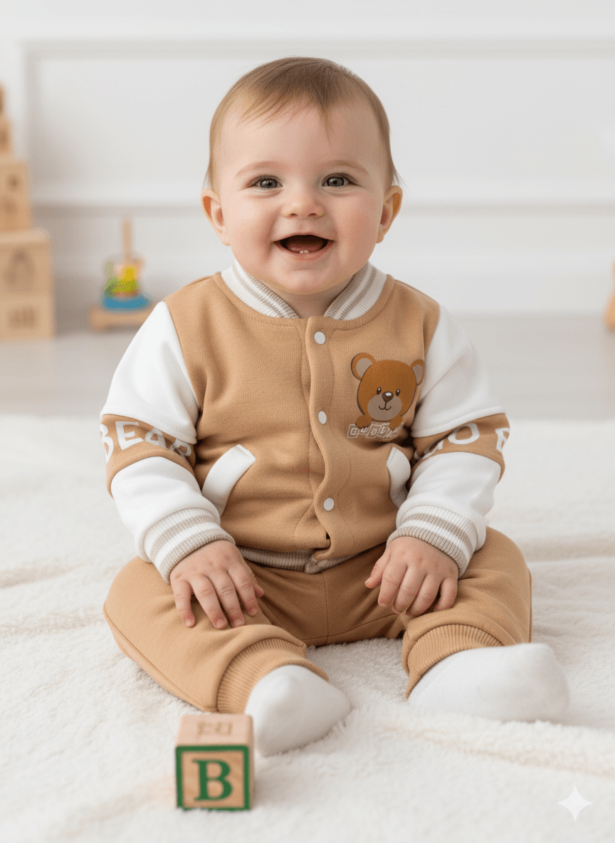 Erkek Bebek Bear Go Şardonlu Kolej İkili Takım - sütlü kahve
