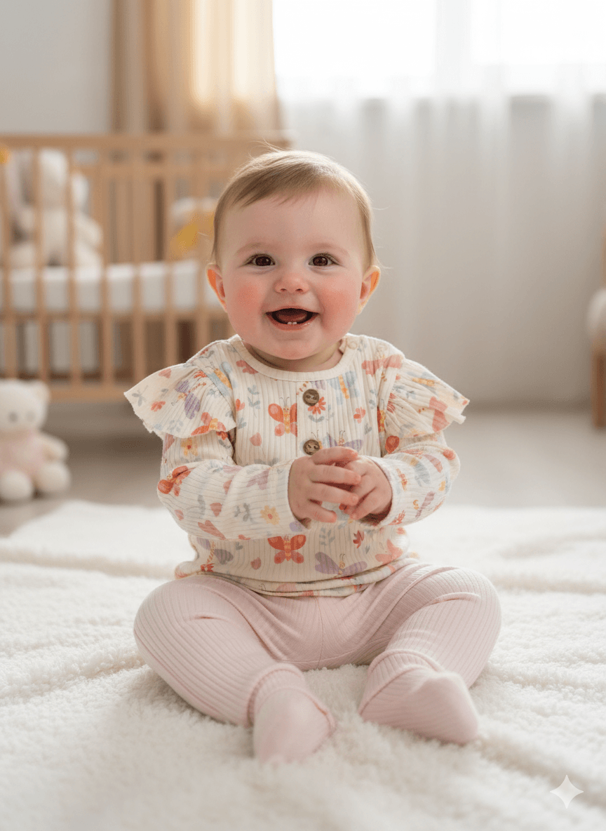Kız Bebek Fitilli kelebek Baskılı İkili Takım - Pembe