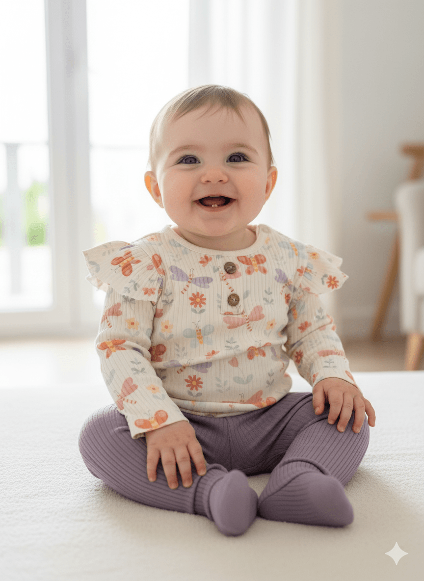 Kız Bebek Fitilli kelebek Baskılı İkili Takım - lila