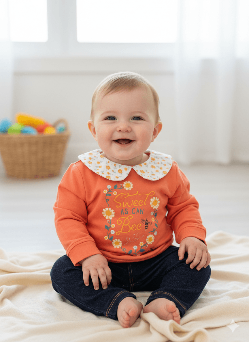 Kız Bebek Çiçek Yakalı Taytlı İkili Takım - nar çiçeği