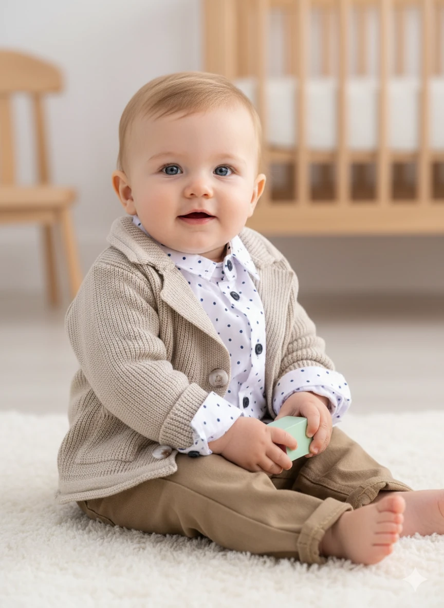 Erkek Bebek Triko Hırkalı Gömlekli Üçlü Takım - bej