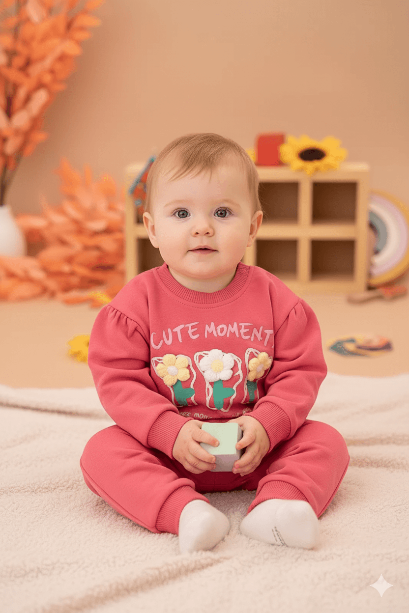 Kız Bebek Çiçek İşlemeli Mevsimlik İkili Takım - Pembe