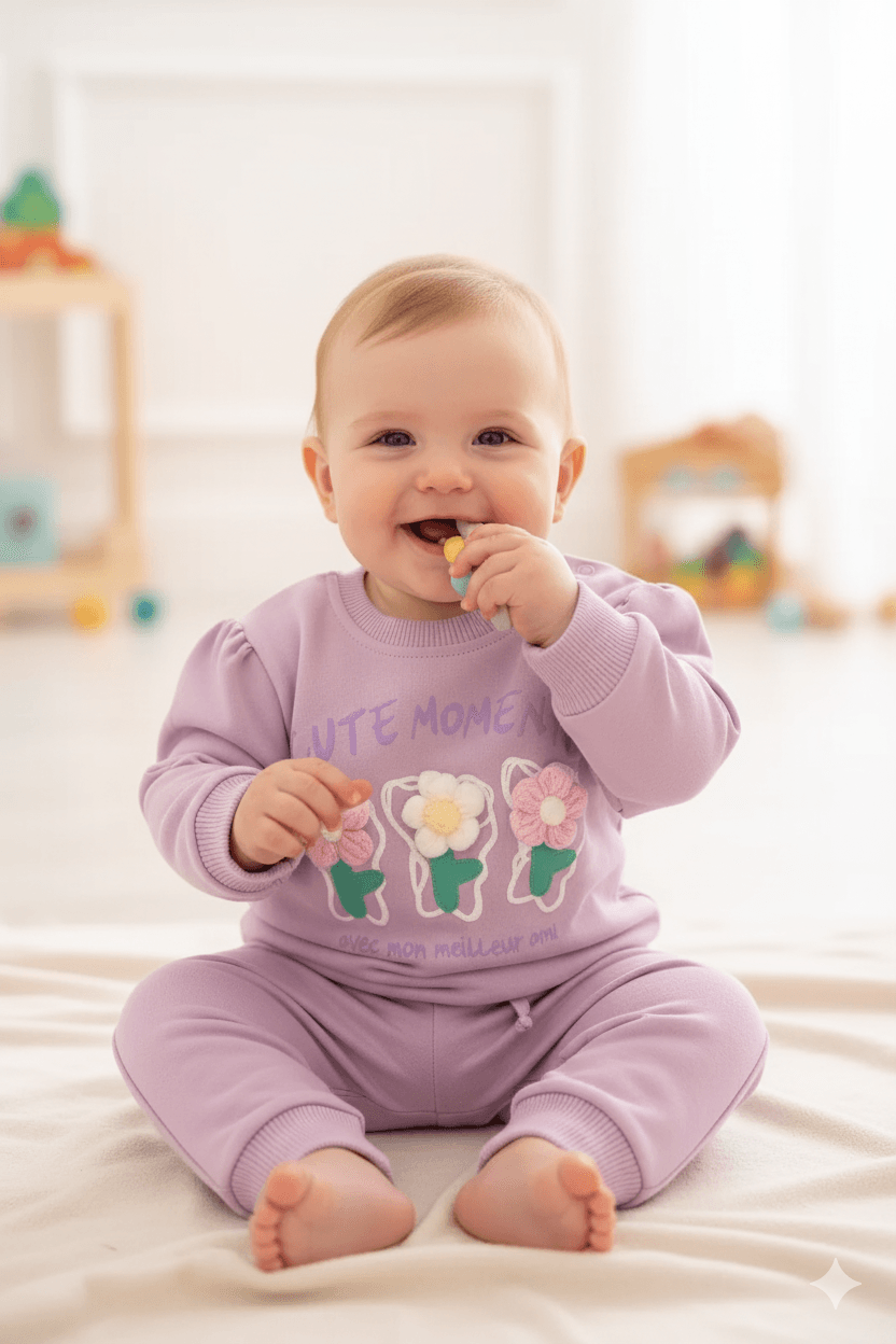 Kız Bebek Çiçek İşlemeli Mevsimlik İkili Takım - lila
