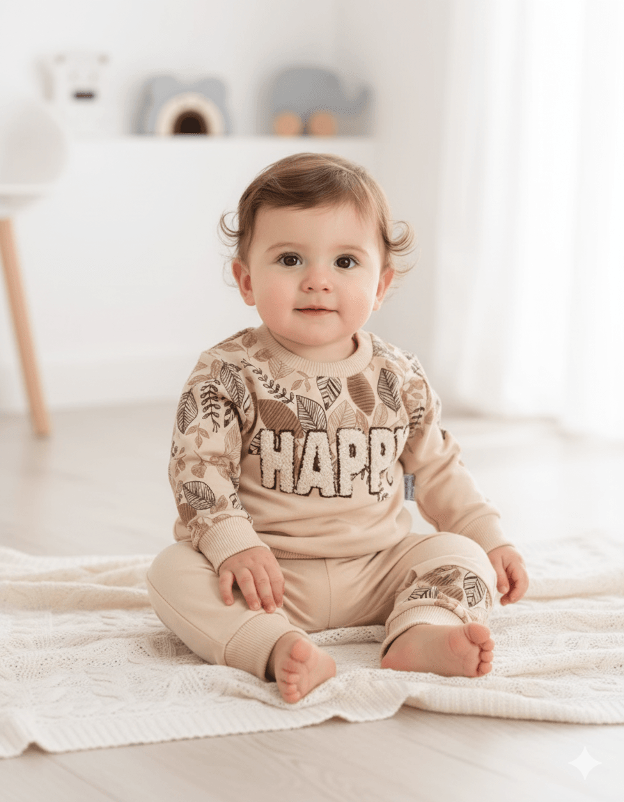 Unisex Bebek Happy İşlemeli Mevsimlik İkili takım - bej