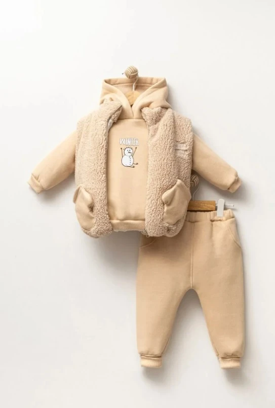 Erkek Bebek Eldiven Cepli Kuzu Kumaşlı Yelekli Üç İplikli Baskılı