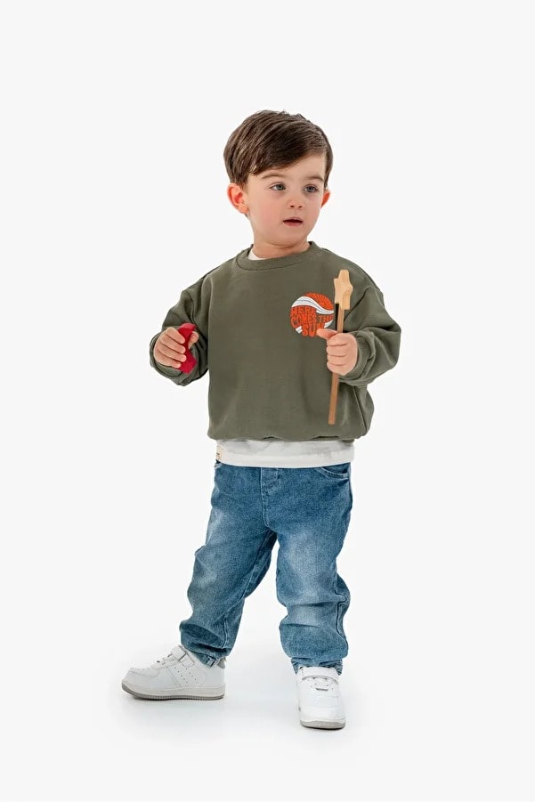 Erkek Bebek Baskılı Sweatshirt Kot Pantolon Üçlü Takım - yeşil