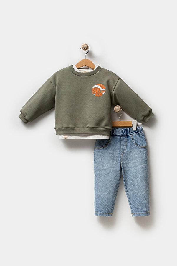Erkek Bebek Baskılı Sweatshirt Kot Pantolon Üçlü Takım