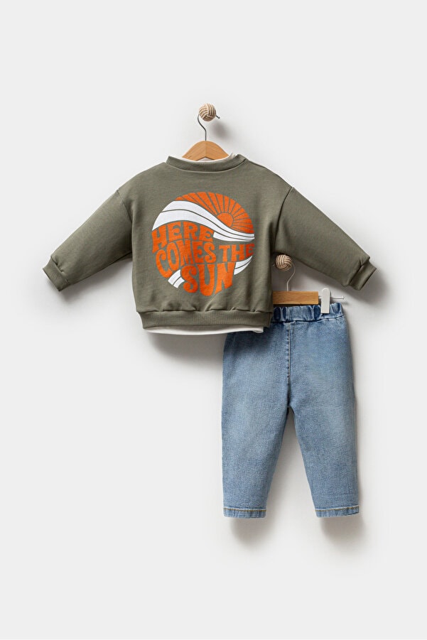Erkek Bebek Baskılı Sweatshirt Kot Pantolon Üçlü Takım