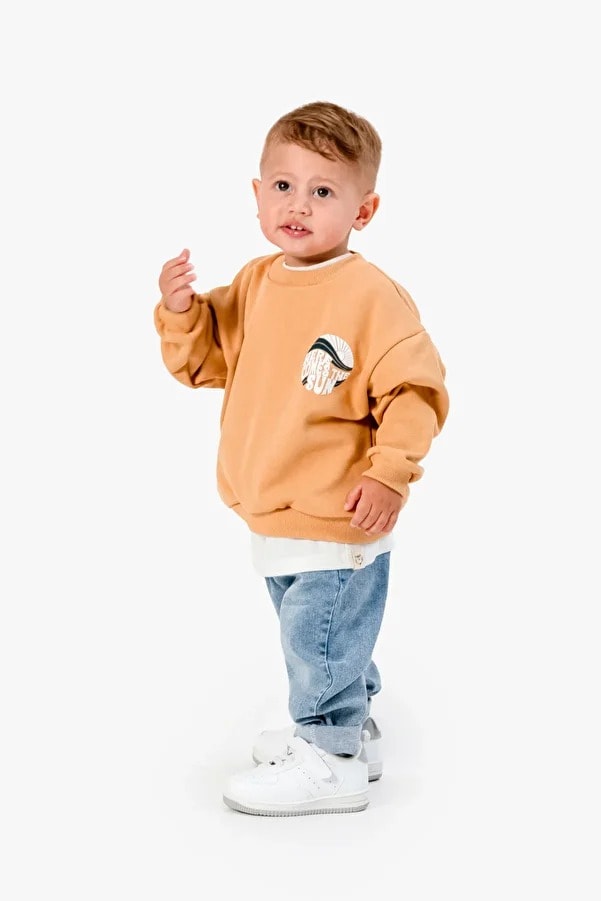 Erkek Bebek Baskılı Sweatshirt Kot Pantolon Üçlü Takım - hardal