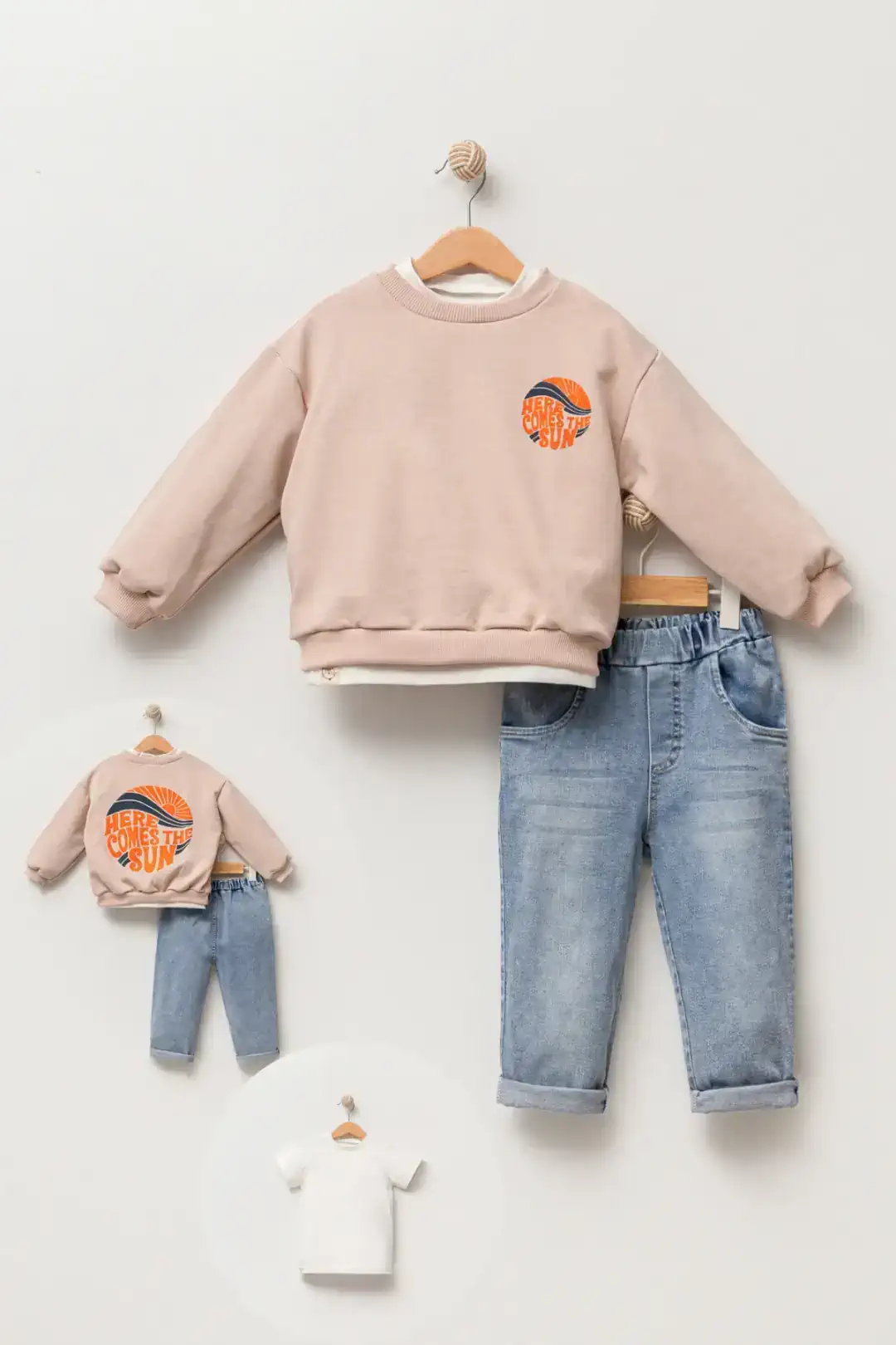Erkek Bebek Baskılı Sweatshirt Kot Pantolon Üçlü Takım - kese kağıdı