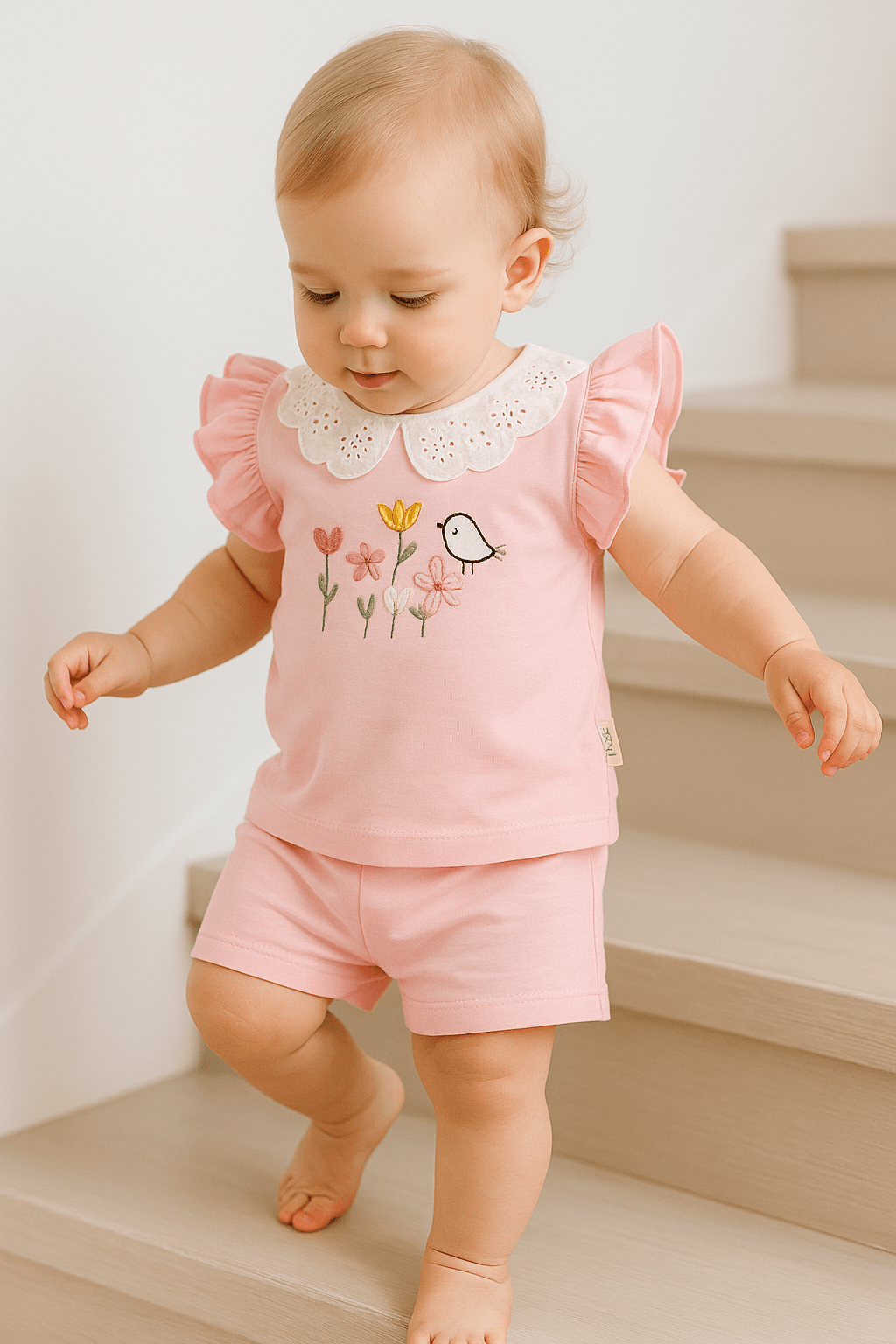 Kız Bebek İşlemeli Şortlu İkili Takım - Pembe