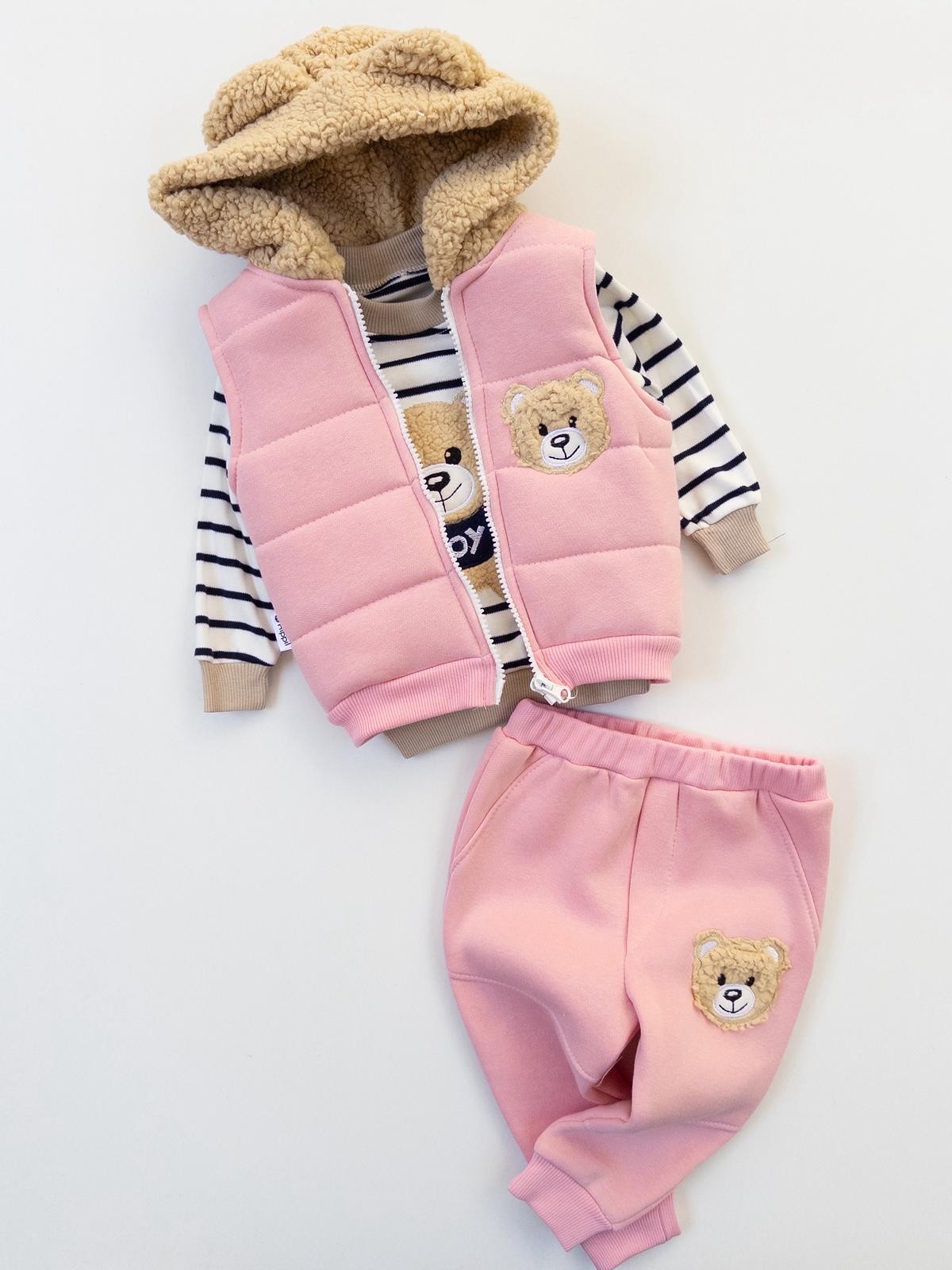 Kız Bebek Ayıcıklı Welsoft Kapüşonlu Üçlü Takım - Pembe