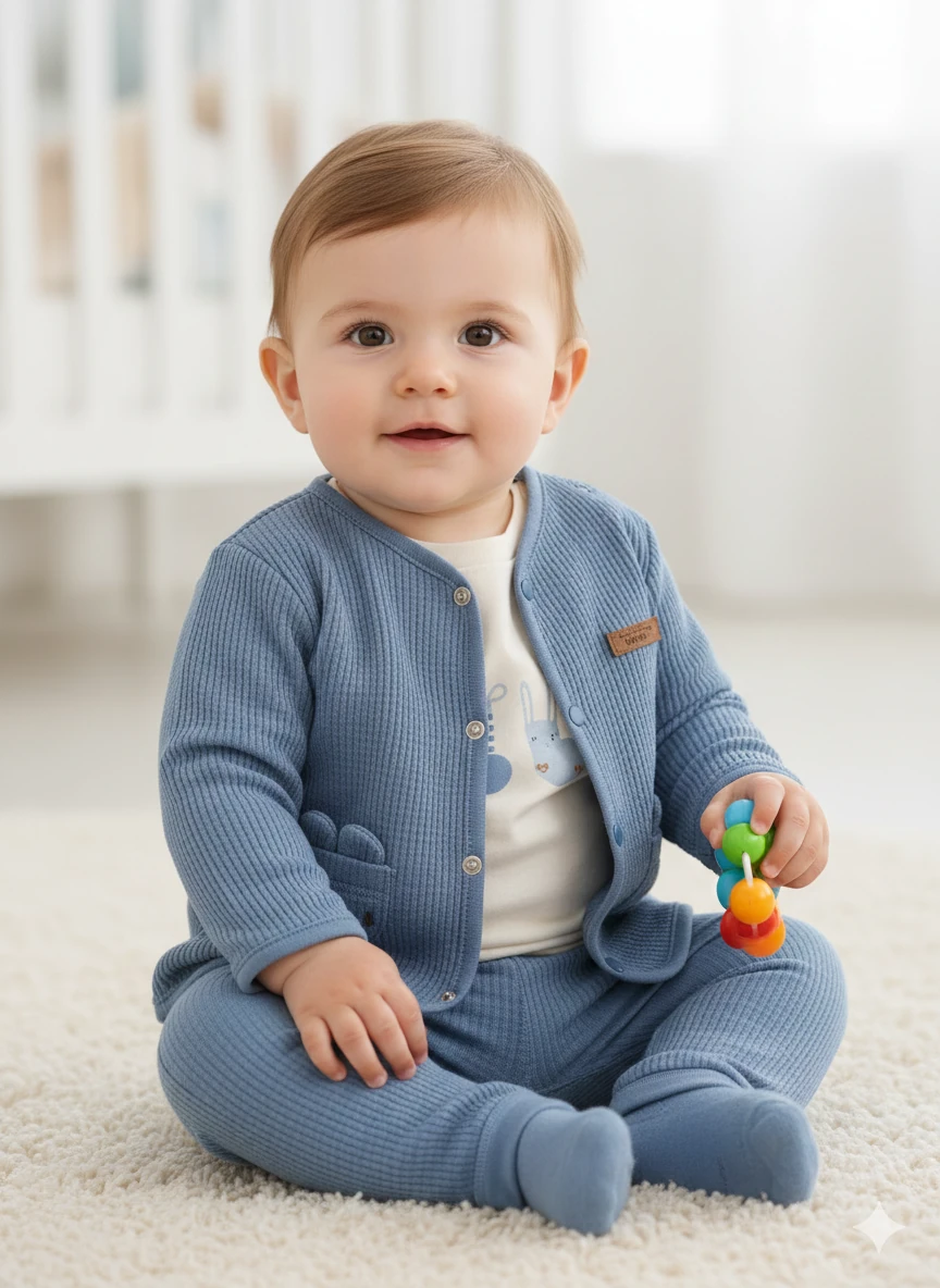 Erkek Bebek Kulaklı Cepli Hırkalı Üçlü Takım