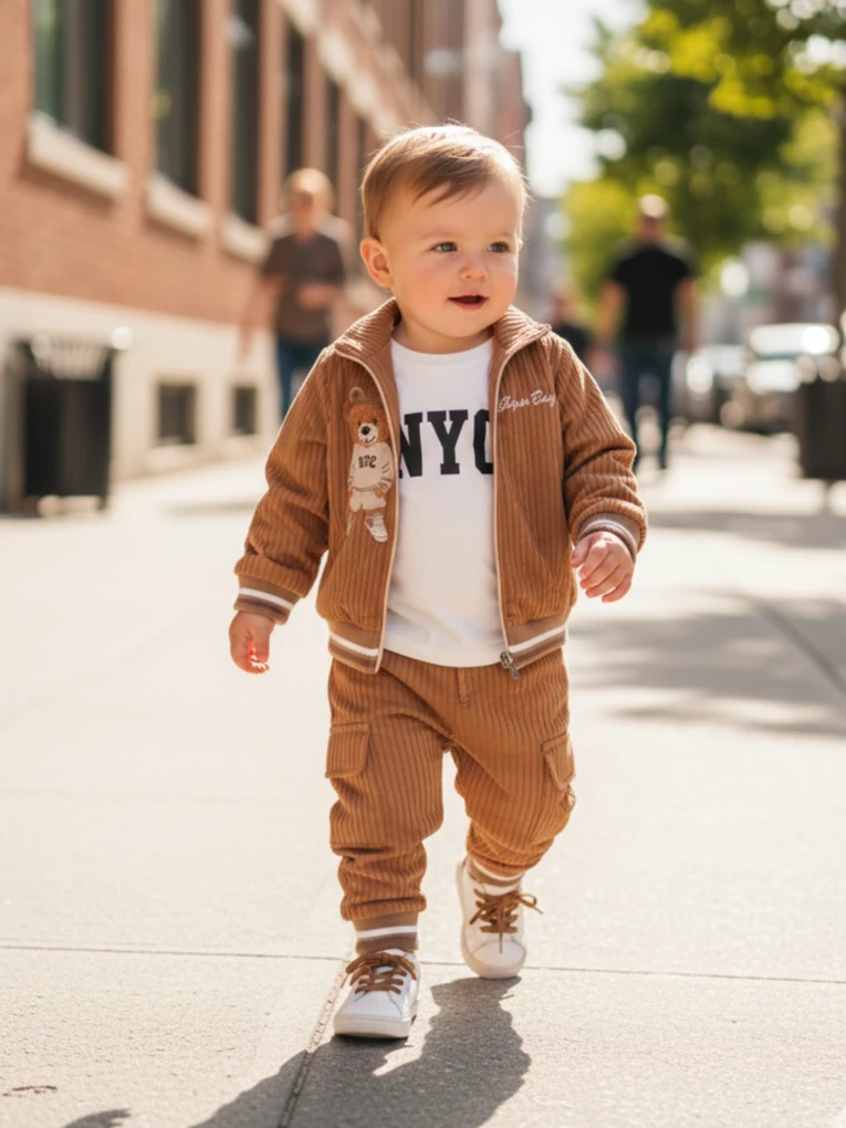 Erkek Bebek Ayıcık Nakışlı  Ceketli 3LüTakım - kiremit